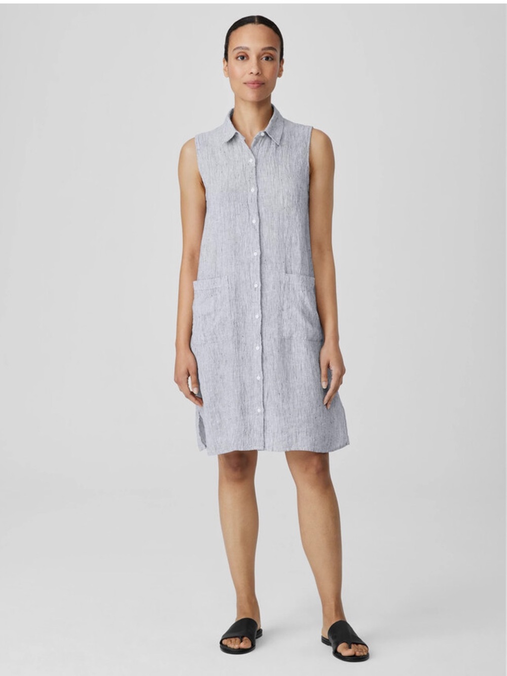Eileen Fisher Striped Organic Linen Crinkle Sleeveless Shirtdress - size L